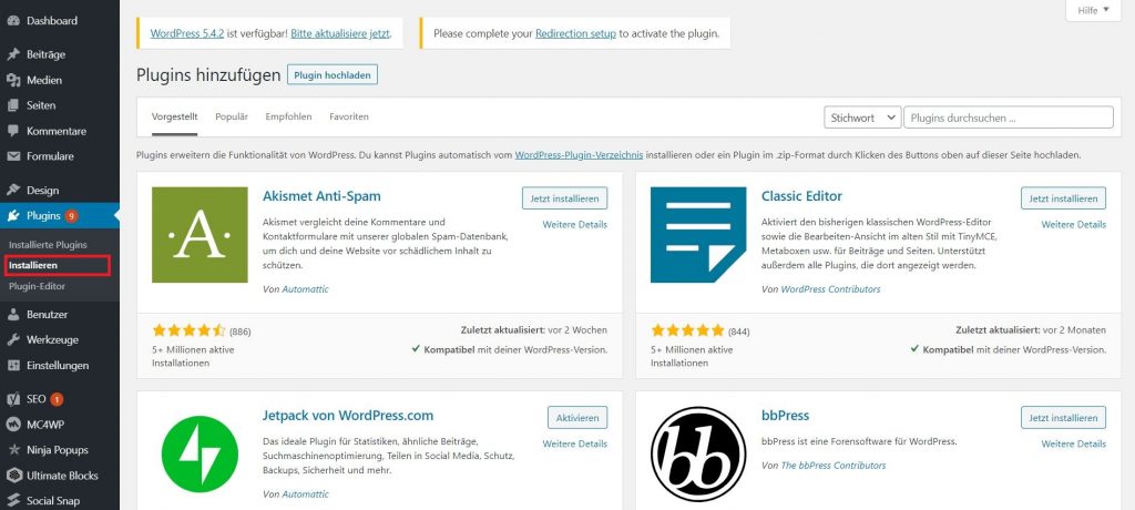 wordpress-backend: WordPress installieren Plugins installieren