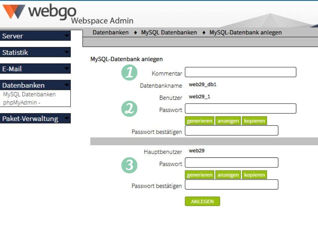 webgo Datenbank anlegen